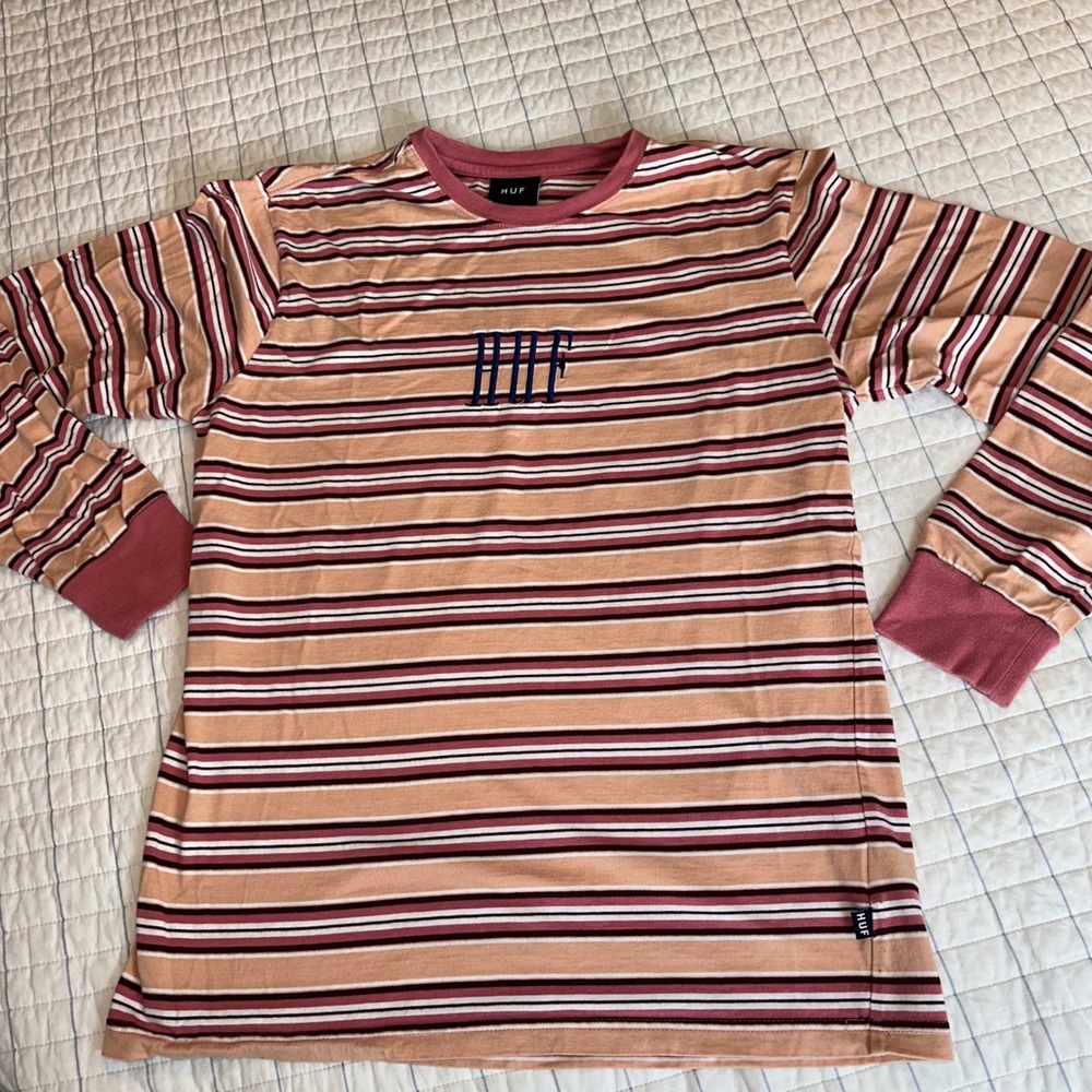 HUF Mens Striped Long‎ Sleeve T-Shirt Peach Burgundy Embroidered Logo Size M